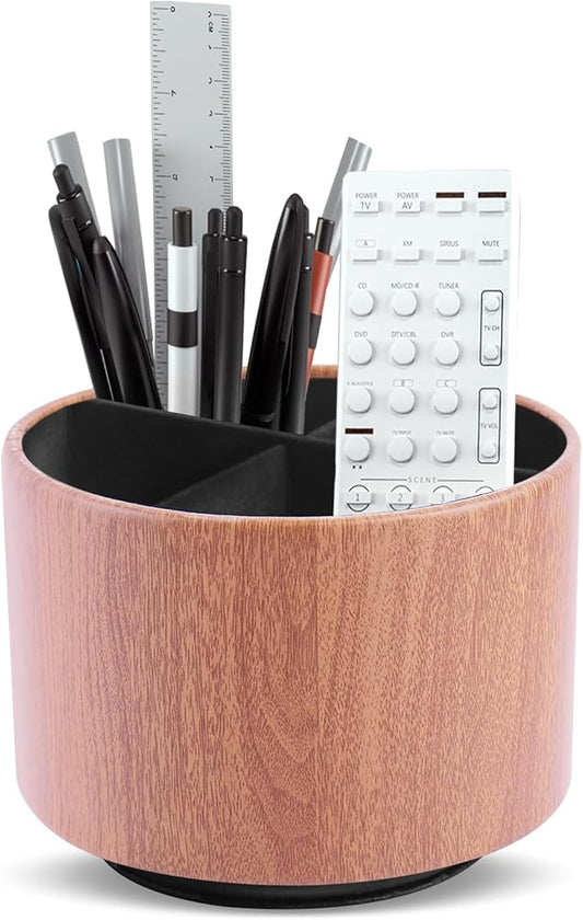 Round Leather Art Supply Organizer,Remote Control Holder,360 Degree Spinning,Multi-Functional Pencil Holder,4 Compartments Desktop Stationary Organizer(1-Thin Wood Ligh Brown)