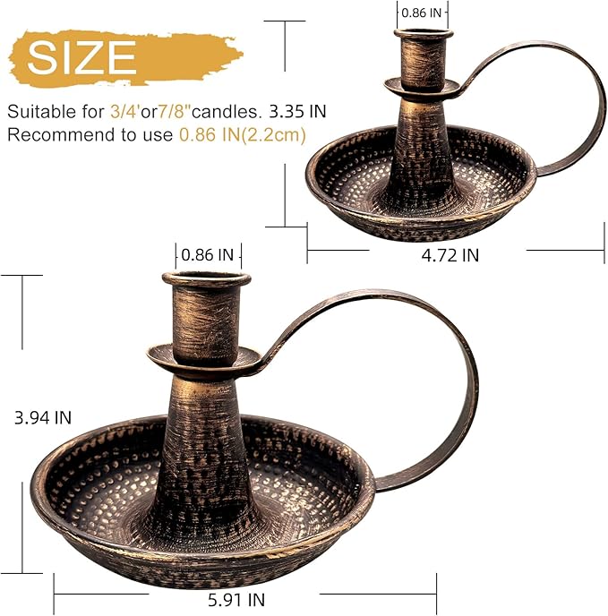 Gold Brass Vintage Candlestick Holders, with Handle, Taper Candle Holder for Candlesticks, for Fireplace Party, Dining, Home, Wedding Decor,Fits 3/4 inch Thick Candle&Led Candles（Set of 6pcs）