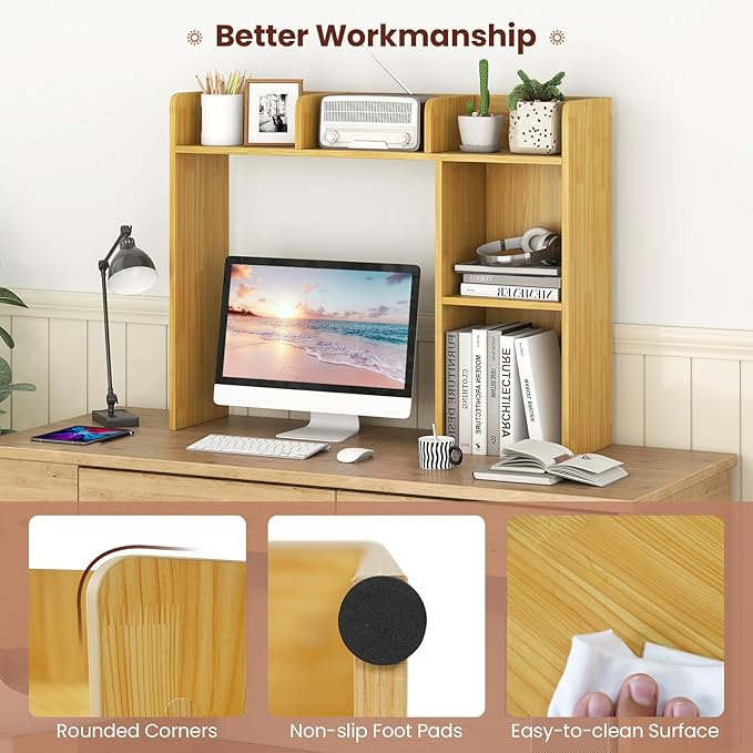 Desktop Bookshelf, 3-Tier Wood Countertop Bookcase with 5 Shelves, Desk Hutch for College Dorm, Multipurpose Desk Organizer Shelf Display Rack for Home Office, Hutch Top Only