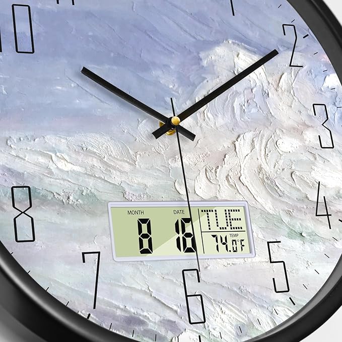 Digital Wall Clock Battery Operated with Day and Date Temperature Blue White Wave Calendar Clock with Large Display Silent for Room Bathroom Bedroom Living Room Farmhouse Decor 12 Inch