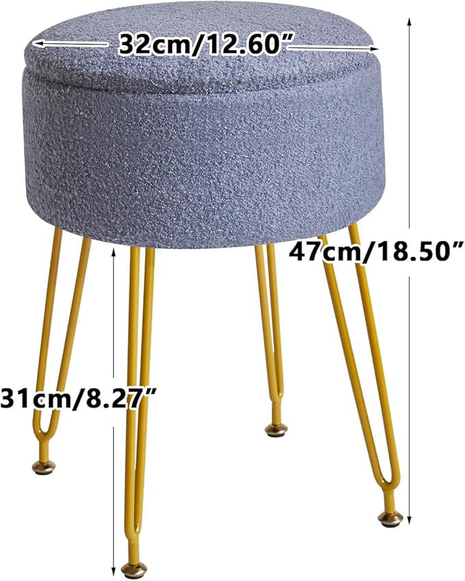 IBUYKE Teddy Velvet Storage Footrest Stool Ottoman, Makeup Vanity Stool Side Table with Removable Cover, Golden Steel Legs, Coffee Table Top Cover, Gray Blue WBD010BU