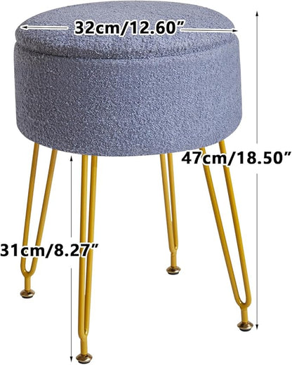 IBUYKE Teddy Velvet Storage Footrest Stool Ottoman, Makeup Vanity Stool Side Table with Removable Cover, Golden Steel Legs, Coffee Table Top Cover, Gray Blue WBD010BU