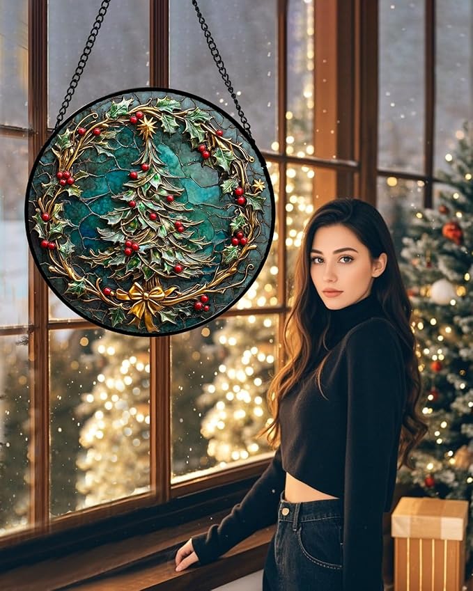 DASTOLL Stained Glass Window Hangings - Red Gold Green Wreath Suncatcher for Door Home Christmas Tree Decoration Sun Catcher Thanksgiving New Year Birthday Gift for Women Men Mom Grandma 6.3 in