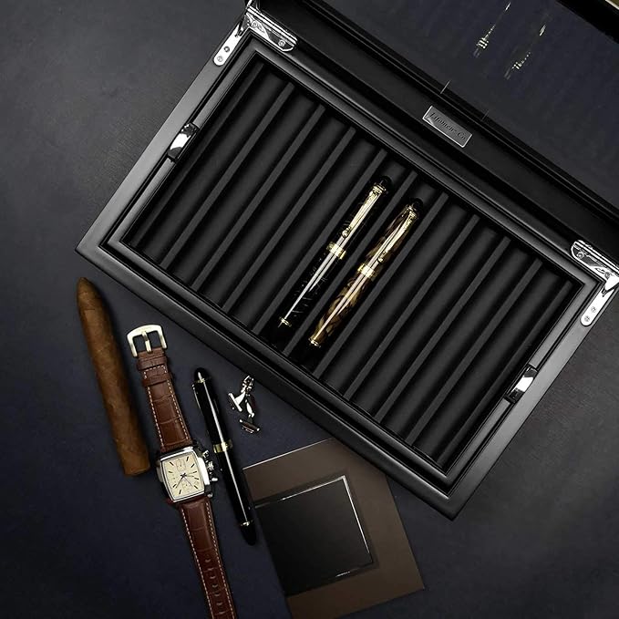Pen Display Box Ebony Wood Display Case with Glass Window and Tray - Holds Up to 20 Pens