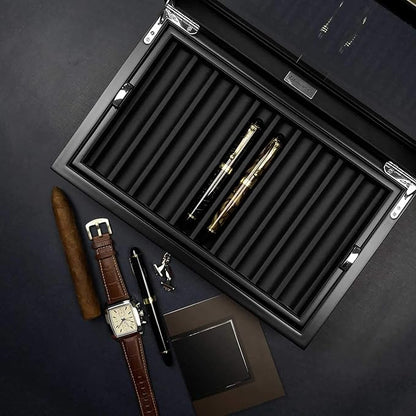 Pen Display Box Ebony Wood Display Case with Glass Window and Tray - Holds Up to 20 Pens