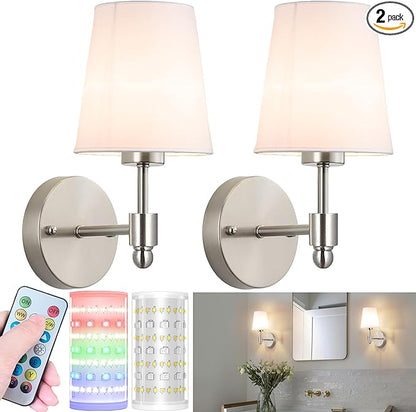 Battery Operated Wall Sconces Set Of 2, Wireless Battery Wall Light With 10000mAh RGB Rechargeable Magnetic Bulb, Rechargeable Wall Sconce With Remote Control For Bedroom, No Electrician Required