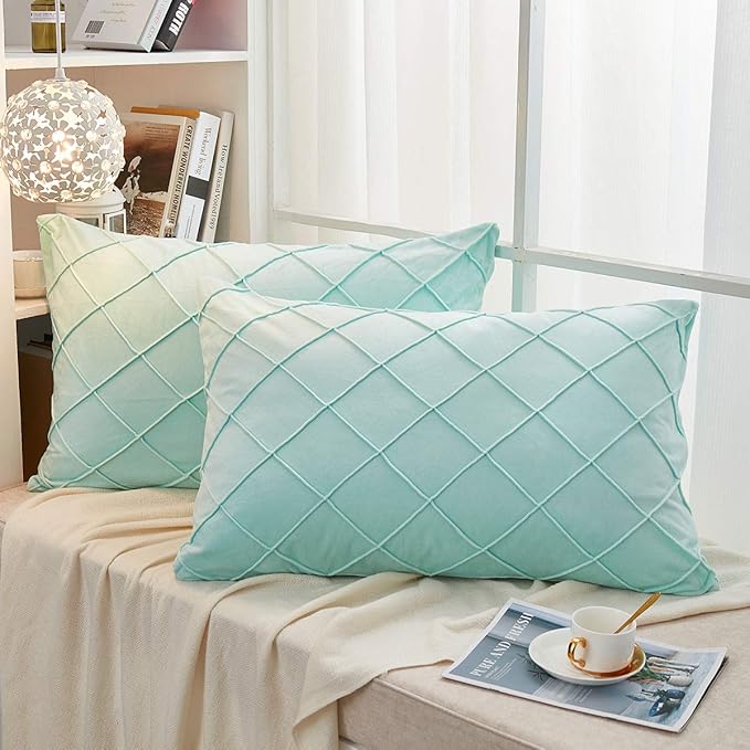 JAUXIO Diamond Pinch Pleated Crystal Velvet Pillowcases 2 Pack Solid Pintuck Throw Cushion Cover for Home Decor Hidden Zipper Closure (Mint Aqua, Standard)