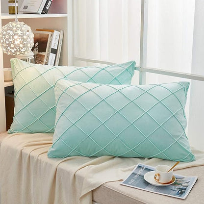 JAUXIO Diamond Pinch Pleated Crystal Velvet Pillowcases 2 Pack Solid Pintuck Throw Cushion Cover for Home Decor Hidden Zipper Closure (Mint Aqua, Standard)