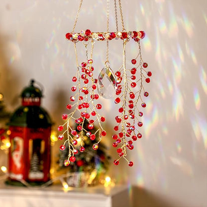 Suncalla 3 Pcs Crystal Suncatcher for Window Hanging Christmas Red Berry Crystal Sun Catcher Indoor Window Glass Wind Chimes Home Garden Decor Making Rainbow Xmas Gifts