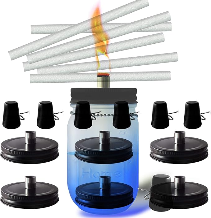 Mason Jar Tabletop Torches Kits,6 Pack Regular Mouth Lids with Protective Tube,Long Life Fiberglass Wicks and Caps,Outdoor Oil Lamp Lights for Patio Garden Camping Decor(Black)