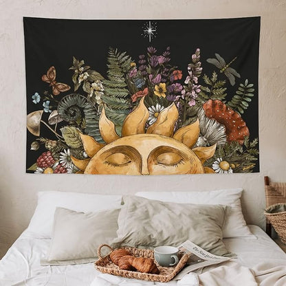 Vintage Sun Tapestry Wall Hanging,Hippie Boho Mushroom Floral Plant Tapestries for College Dorm Living Room Bedroom Decor(40"x60")