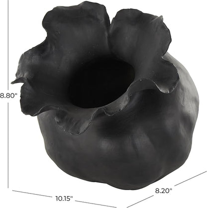 Deco 79 Ceramic Abstract Wide Rounded Floral Shaped Vase with Petal Rim, 8" x 10" x 9", Black