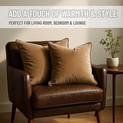 2 Pack Velvet Decorative Throw Pillow Covers, 20"x20", Camel and Brown, Solid, Modern, Contrast Piping, Indoor Use, Bedroom & Living Room