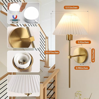 Wireless Wall Sconce Sets of 2, Pleated Shades Rechargeable Battery Operated Wall Sconce, Retro Industrial Gold Wall Lights Bathroom Vanity Sconces, Wall Mounted Lamps for Bedroom Living Room Kitchen