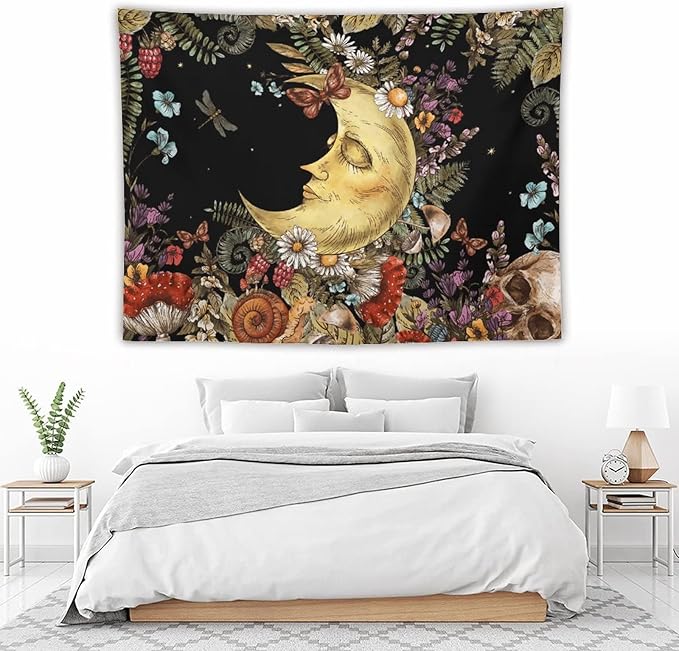 Boho Moon Tapestry Wall Hanging,Vintage Sun and Moon Skull Hippie Mushroom Floral Plant Tapestries for Dorm Living Room Bedroom Decor(60"x80")