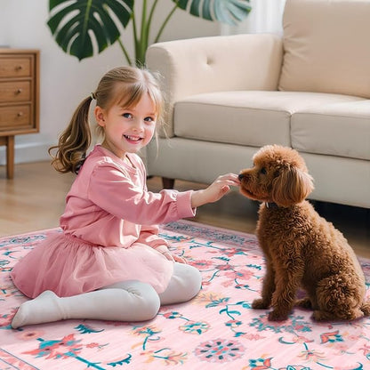 Tangsoo Pink Small Rug for Entryway, 2x3 Washable Entry Rug for Girls Nursery Bedroom Bedside, Non Slip Floral Area Throw Rugs Soft Cute Floor Carpet Indoor Mat for Entrance Kitchen Bathroom
