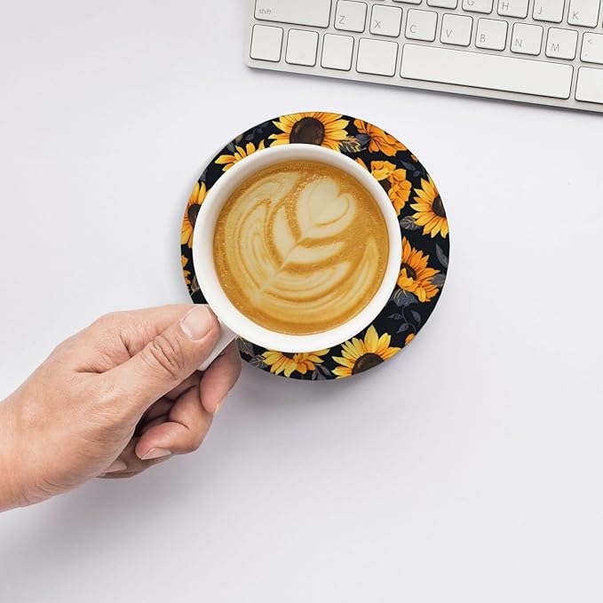 6 Pcs Ceramic Coasters with Holder Absorbent Drink Round Sunflower Style6 Design for Home Table Coffee Cup Wine Beer Bar,Size 4.4 inches