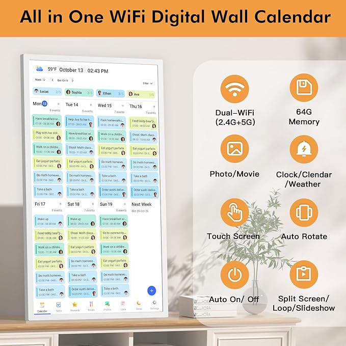 32" Digital Calendar Chore Chart for Wall Planner –Touchscreen Electronic Calendar Photo Frame for Family-Meal-Planner, Seamless Scheduling with Star Reward, Sync Online Calendar Via APP, Wall Mounted