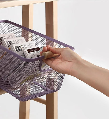 Metal Mesh Steel Basket, Large Wire Storage Organizer Basket Multi-function Hanging Kitchen Baskets with Wood Handle for Kitchen Bathroom Picnic Home, Rectangle-Purple