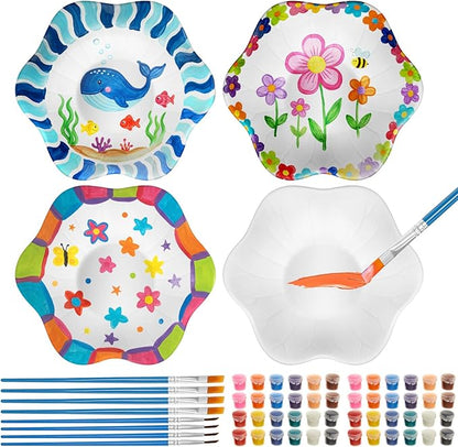 Kolldenn 4 Sets Jewelry Dish Making Kit DIY Paint Your Own Ceramic Arts and Crafts Kit Make Your Own Jewelry Bowls Gifts for Birthday Gift Ideas (Lotus Leaf Plate)