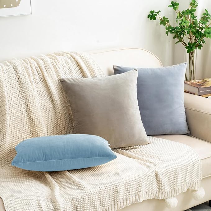 HWY 50 Light Blue Velvet Rectangular Throw Pillow Covers 12x20 Inch, Pack of 2 Soft Cozy Solid Decorative Luxury Cushion Cases for Couch Sofa Bed Living Room Bedroom