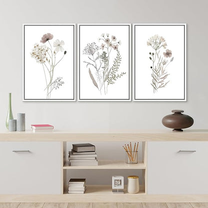 MUDECOR Framed Canvas Print Wall Art Watercolor Wildflower Art Print, Floral Botanical Prints, Minimalist Art, Modern Farmhouse for Bedroom - 16"x24"x3 White