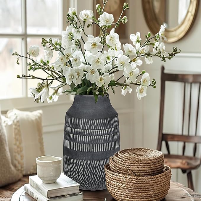11" Rustic Farmhouse Vase with Linear Stripe, Antique Ceramic Vase Handmade in Pottery, Decorative Vintage Style for Home, Living Room, Shelf & Entryway Decor, Dark Gray