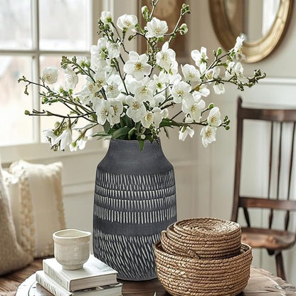 11" Rustic Farmhouse Vase with Linear Stripe, Antique Ceramic Vase Handmade in Pottery, Decorative Vintage Style for Home, Living Room, Shelf & Entryway Decor, Dark Gray
