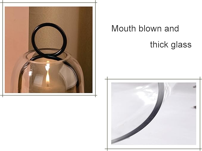 6" & 4" Wide Versatile Modern Metal Hurricane Lantern with Handmade Sturdy Glass Dome in Black for Pillar Candle & Plants, for Living Room, Porch, Mantel Decoration (Black, 4"x7.5" &6.3"x11.2")