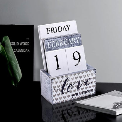 Notakia Perpetual Calendar Wooden Calendar Blocks Vintage Wood Block Calendar for Home Office Desk Accessories Week Month Date Display (Love you more)