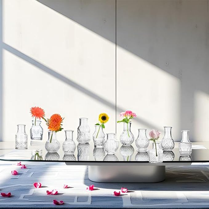 Clear Glass Bud Vase Cute Mini Vases 24Pcs EylKoi Flowers Vintage Small Glass Tiny in Bulk Different Shape Modern Set Lovely for Decor Table Wedding Home Table Centerpieces Dinning Party
