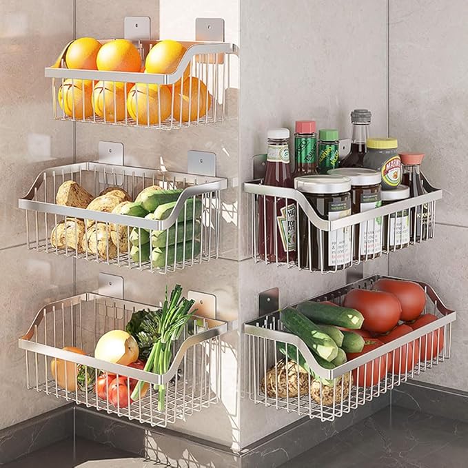 Hanging Kitchen Baskets, Storage Spice Shelf, Wall Mount Storage Baskets, SUS304 Stainless Steel Basket for Kitchen, Bathroom, Storage, 4 Pack, L 11.8Inch, D 6.3Inch, H 4.75Inch