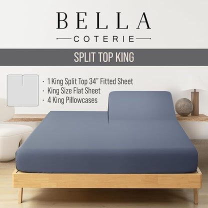 Bella Coterie 6 Piece Luxury Bamboo Viscose Split Top King Size Sheet Set | 34" Split for Adjustable Beds | 100% Organically Grown| Cooling | 18” Deep Pocket | 4 Pillowcases [Slate Blue]