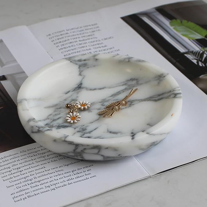 Natural Travertine Marble Jewelry Dish 5.5",Trinket Dish for Ring Earring, Gift for Woman Daugther(Arabescato Calacatta)