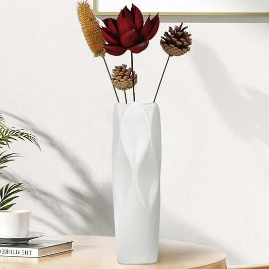 12Inch Tall Ceramic White Flower Vase,Home Decor White Vases for Pampas Grass,Modern Textured Vases for Living Room Decorations,Shelf,Table Centerpieces,Farmhouse Small Ceramic Vase