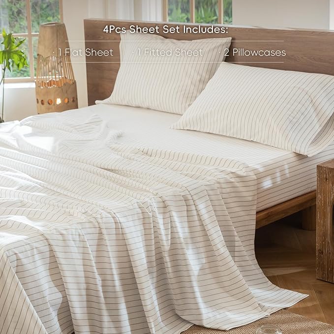 MooMee Striped Sheet Set 100% Washed Cotton Linen Like Textured Breathable Durable Soft Comfy (White Tannish Linen Grey Wide Stripes, Queen)