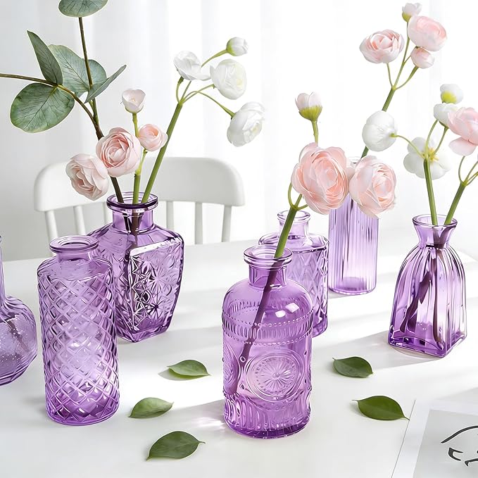 Violet Purple Glass Bud Vases in Bulk 12, Small Vintage Textured Flower Vases for Wedding Centerpieces, Baby Shower, Party Event, Decorative Mini Vase Bottles Set for Flower, Home Table Decor