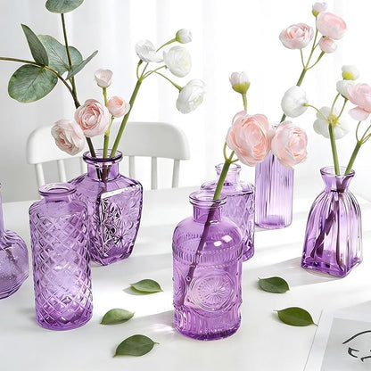 Violet Purple Glass Bud Vases in Bulk 12, Small Vintage Textured Flower Vases for Wedding Centerpieces, Baby Shower, Party Event, Decorative Mini Vase Bottles Set for Flower, Home Table Decor