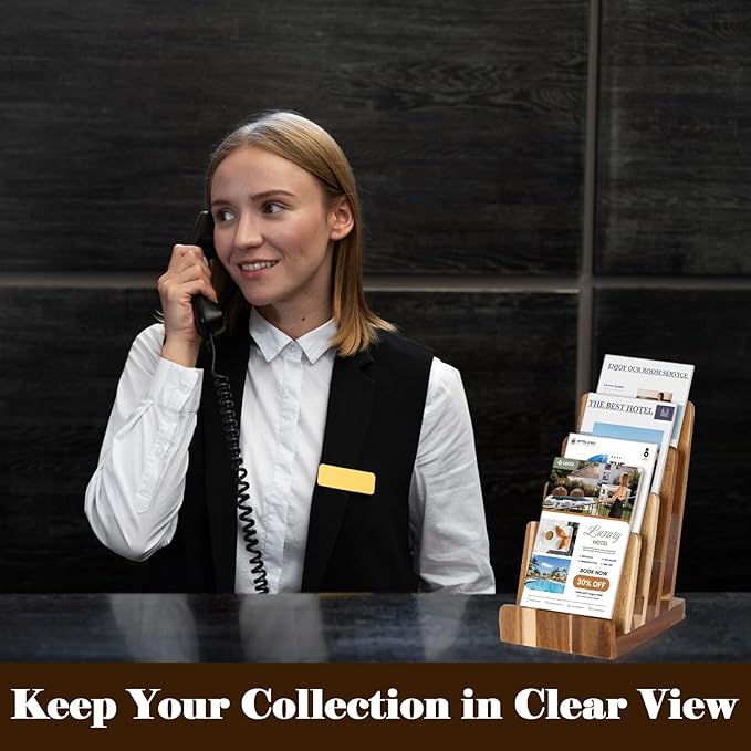 4 Tier Acacia Wood Brochure Display Stand 6 x 9 inch Brochure Holder Pamphlet Display Stand for 5.5 x 8.5 inch 5 x 7 inch Booklets Menus Postcard Holder Multi Purpose Organizer