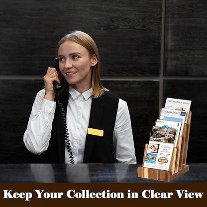 4 Tier Acacia Wood Brochure Display Stand 6 x 9 inch Brochure Holder Pamphlet Display Stand for 5.5 x 8.5 inch 5 x 7 inch Booklets Menus Postcard Holder Multi Purpose Organizer