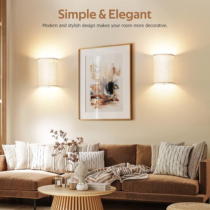 Wall Sconces Set of Two, Battery Operated Wall Sconces 3 Colors Changeable Dimmable Wall Lights Fixtures with Remote Control Fabric Wall Lamp Sconces for Bedroom Living Room Hallway