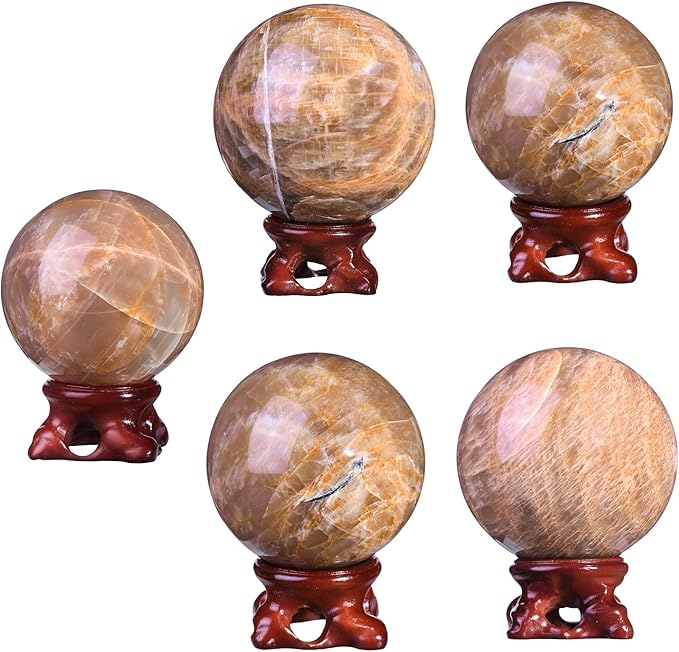 SUNYIK Natural Orange Moonstone Ball Sphere with Resin Stand Polished Crystal Sphere Stone Figurine Decor for Home Office Tabletop, 2.4-2.7”(61-70mm)
