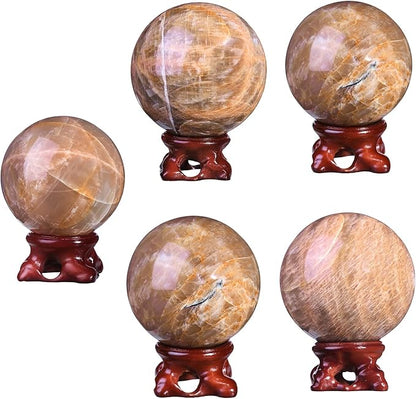 SUNYIK Natural Orange Moonstone Ball Sphere with Resin Stand Polished Crystal Sphere Stone Figurine Decor for Home Office Tabletop, 2.4-2.7”(61-70mm)