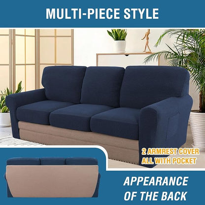 H.VERSAILTEX Multi-Pieces Sofa Covers Stretch Couch Covers Form Fitted Seats and Back Cushions Covers (3 Seat Covers Plus 3 Back Cusion Covers, Bonus 2 Armrest Covers), Navy