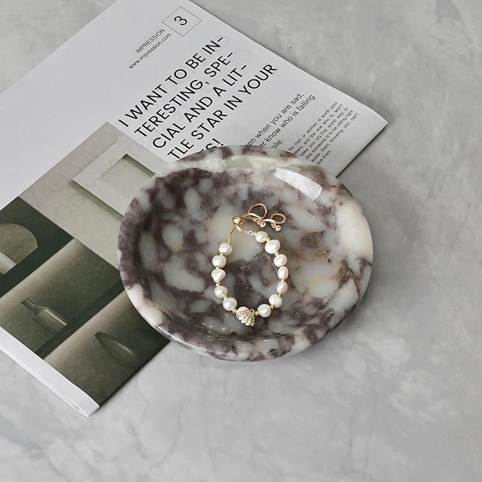 ZSHAWN Natural Marble Ring Dish Jewelry Tray – 5.5" Trinket Dish for Rings Earrings Necklace, Scratch-Resistant Vanity Organizer, Elegant Gift for Women (Calacatta Viola)