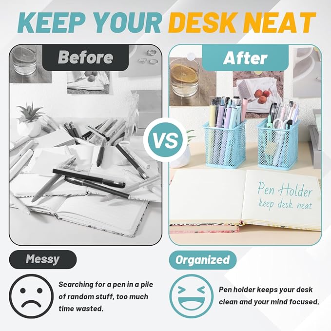 Segarty Pencil Holder, 6 Pack Square Light Blue Pen Holder for Desk, Mesh Pencils Cup Container Marker Organizer Set for Office Supply, School Classroom, Home Desktop Storage and Organization