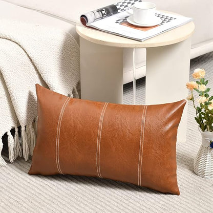 Fancy Homi 2 Packs Brown Boho Long Lumbar Faux Leather Decorative Throw Pillow Covers 14x20 Inch for Couch Bed Sofa, Hand Stitched Rectangle Cushion Case, Rustic Modern Farmhouse Home Decor