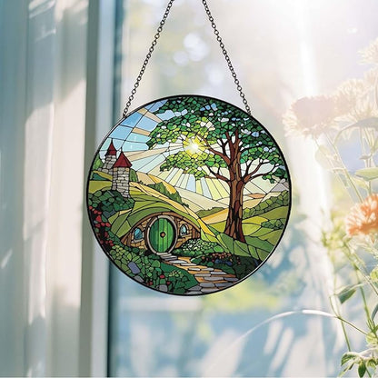 Shire Sun Catcher 7.87'' Stained Glass Window Hanging Gifts for Countryside Lover Women Scenery Wall Decor Handmade Sun Catcher Decoration for Home Garden Housewarming Gifts