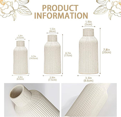 Bohemian Beige Ceramic Vase - for Pampas Grass, Mantel, Bookshelf, Entryway and Living Room Decor (Beige, Set of 3)