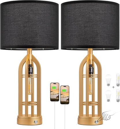 Seealle Table Lamps for Living Room Set of 2 - Gold Bedside Lamp for Bedroom with USB C+A & Outlet, Farmhouse Lamps for Night Stands, 3-Way Dimmable Touch Lamps for Living Room with Black Shade